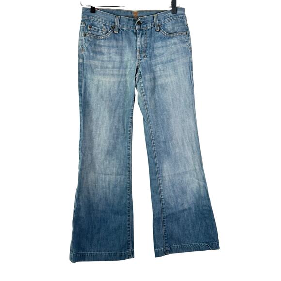7 For All Mankind Dojo Flared Jeans Medium Wash Blue Low Rise Cotton Retro Sz 26 - Picture 2 of 12